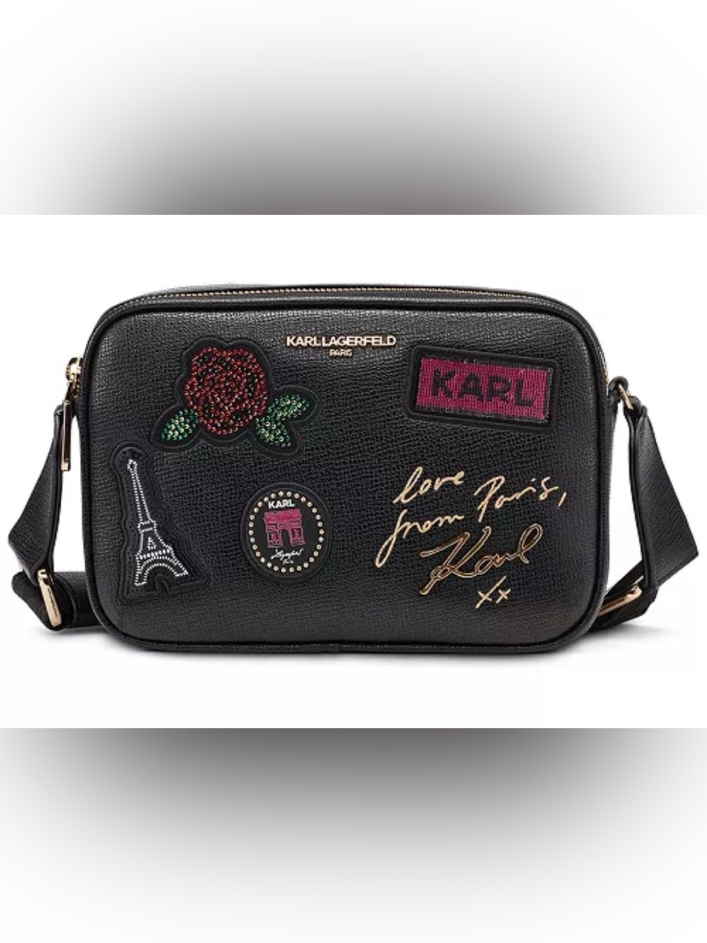 Karl Lagerfeld Paris Black Patch & Gold Script Zip crossbody bag